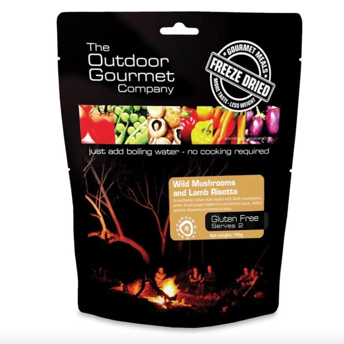 outdoor gourmet wild mushroom and lamb risotto